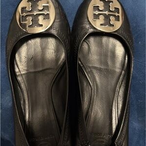 Tory Burch Black Leather Flats with Gold Emblem